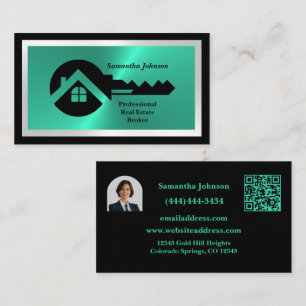 Luxury Black & Turquoise QR Code Photo Real Estate Business Card
