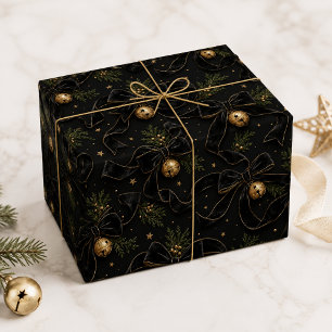 Luxury Black Velvet Bow Gold Jingle Bell Christmas Wrapping Paper