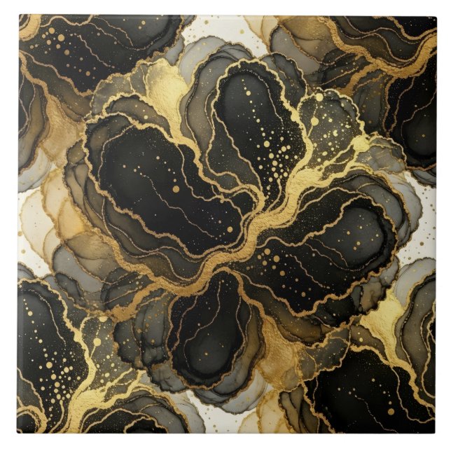 Luxury Black, White and Gold Marble Alcohol Ink Ceramic Tile (Front)