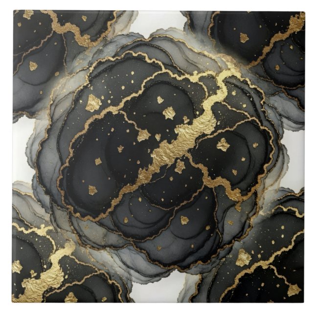 Luxury Black, White and Gold Marble Alcohol Ink Ceramic Tile (Front)
