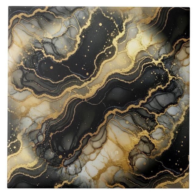 Luxury Black, White and Gold Marble Alcohol Ink Ceramic Tile (Front)