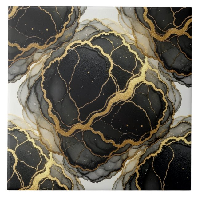 Luxury Black, White and Gold Marble Alcohol Ink Ceramic Tile (Front)