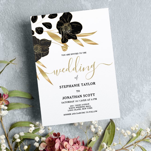 Luxury black white gold floral elegant wedding  invitation (Luxury black white gold floral elegant wedding)