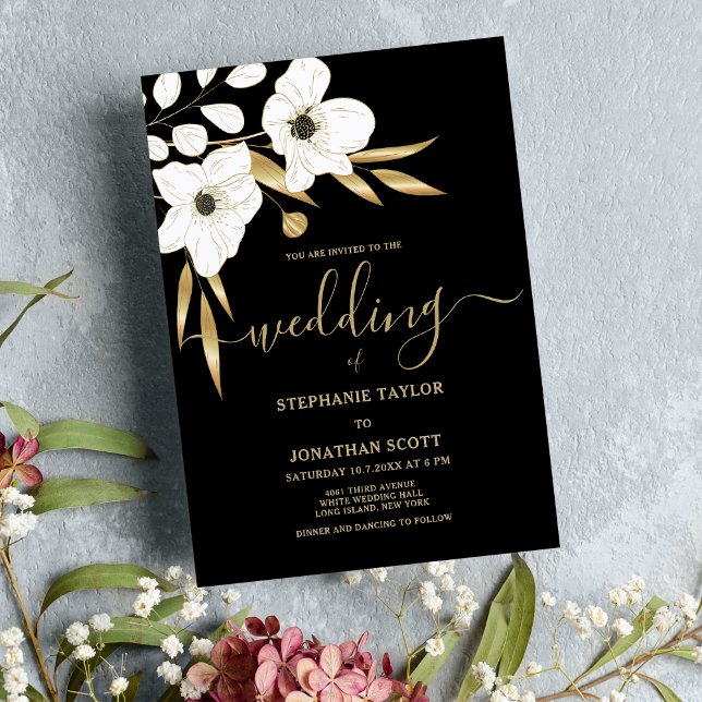 Luxury black white gold floral elegant wedding  invitation (Luxury black white gold floral elegant wedding)