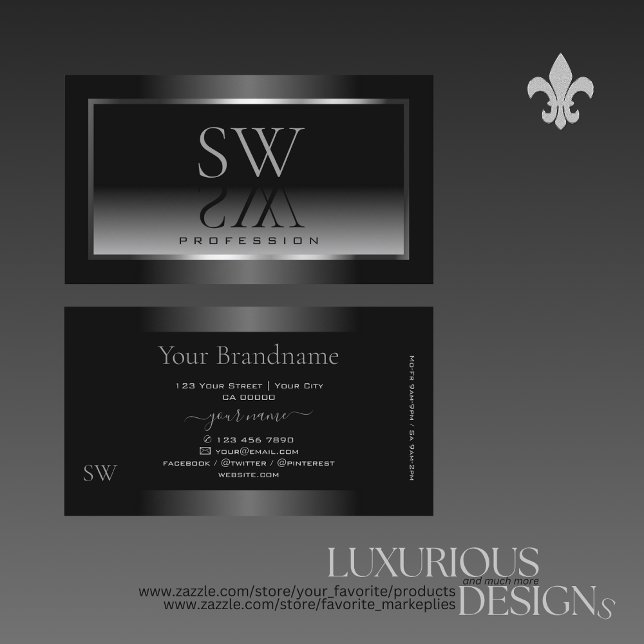 Luxury Black White Gradient Silver Frame Monogram Business Card (Creator Uploaded)