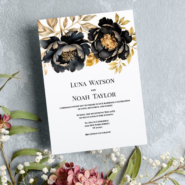 Luxury black white ivory gold peony floral Wedding Invitation (Luxury black white ivory gold peony floral Wedding )