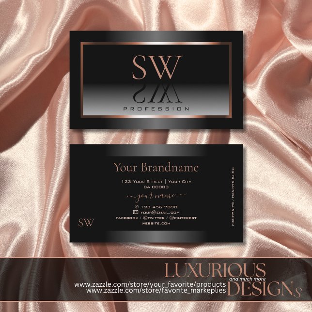 Luxury Black White Ombre Rose Gold Frame Monogram Business Card (Creator Uploaded)