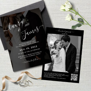 Luxury Black & White Photo QR Code Classy Wedding Invitation