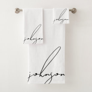 Luxury Black White Signature Script Monogram Bath Towel Set