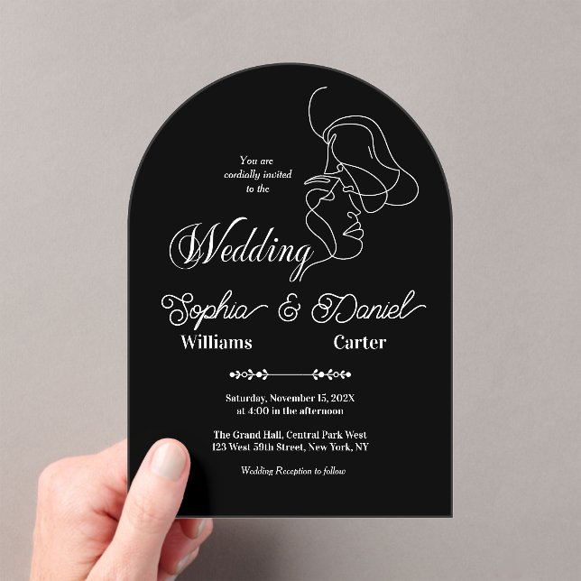 Luxury Black & White Wedding Chic Artistic Couple  Acrylic Invitations (Insitu (Handheld))