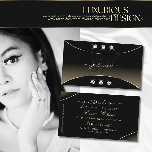 Luxury Black Whitegold Decor Diamonds and Monogram Business Card (Creator Uploaded)