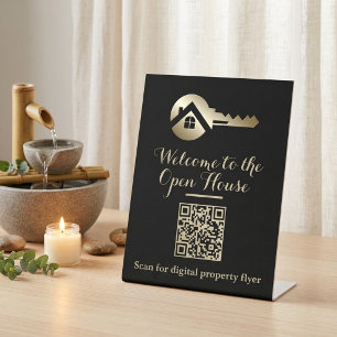 Luxury Black with Gold Key QR Code Real Estate  Pedestal Sign