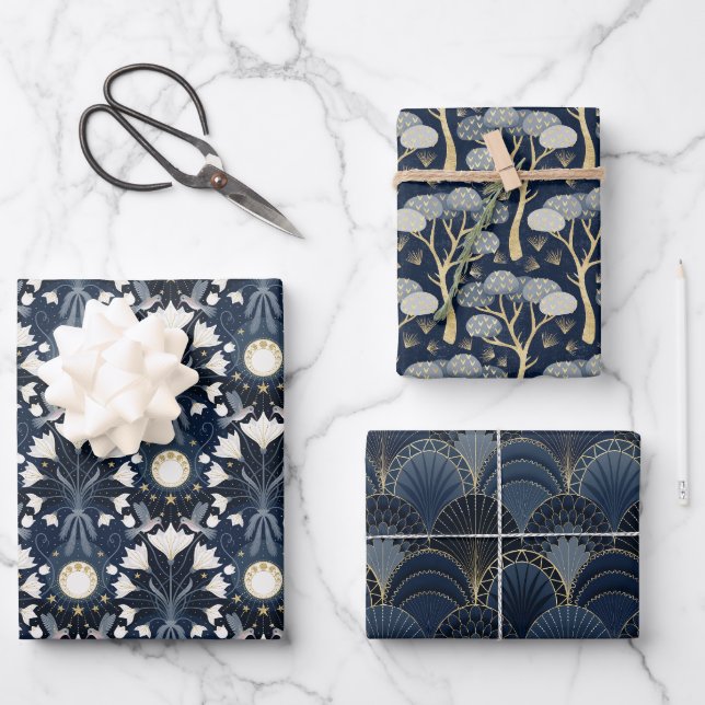 Luxury Blue and Gold Art Deco Pattern Wrapping Paper Sheet (Front)