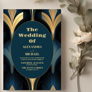Luxury Blue and Gold Art Deco Wedding Invitation