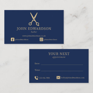 Luxury Blue and Gold Barbers Scissors Logo Appointment Card