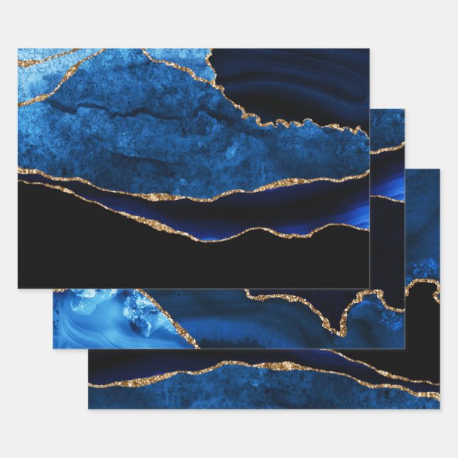 Luxury Blue and Gold Glitter Agate Birthday Wrapping Paper Sheet (Set)
