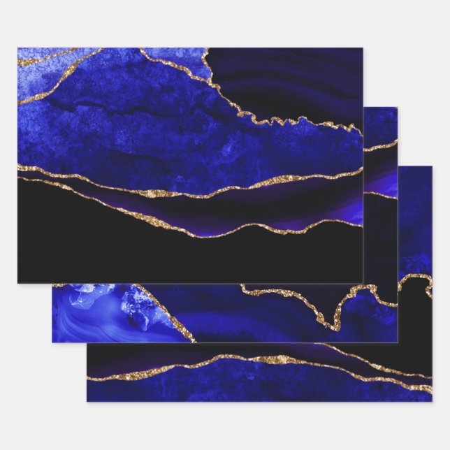 Luxury Blue and Gold Glitter Agate Birthday Wrapping Paper Sheet (Set)