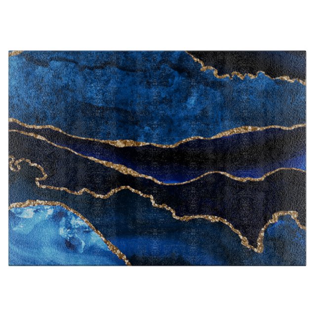 Luxury Blue and Gold Glitter Agate Cutting Board (Front)