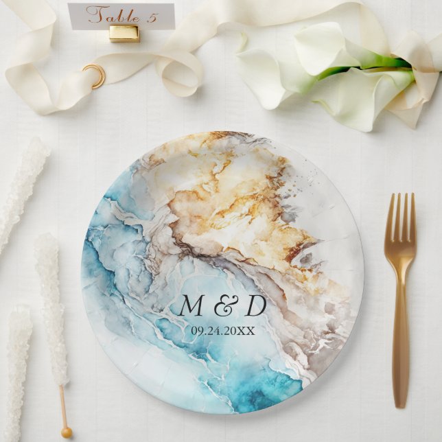 Luxury Blue And Gold Marble Wedding  Paper Plate (Wedding)