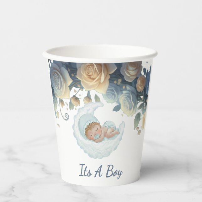Luxury Blue And Gold Roses Floral Boy Baby Shower  Paper Cups (Front)