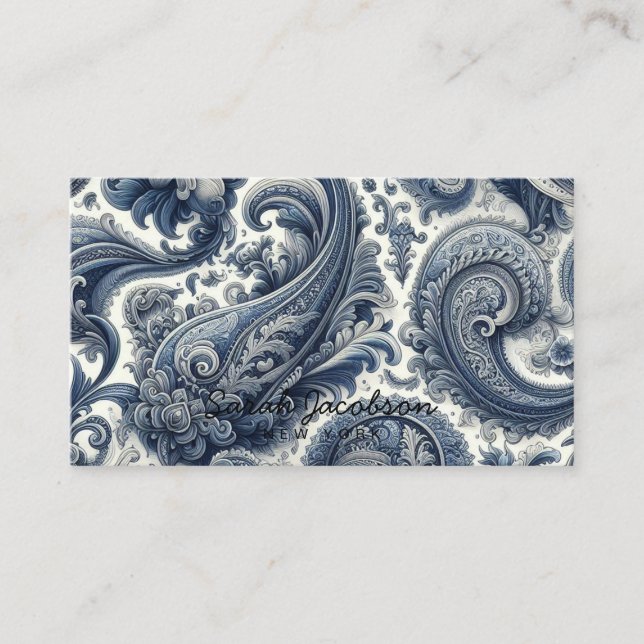Luxury Blue and White Paisley Business Card (Front)