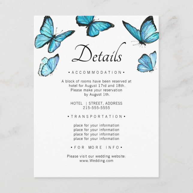 Luxury blue butterflies. Stylish Wedding Details Enclosure Card (Front)