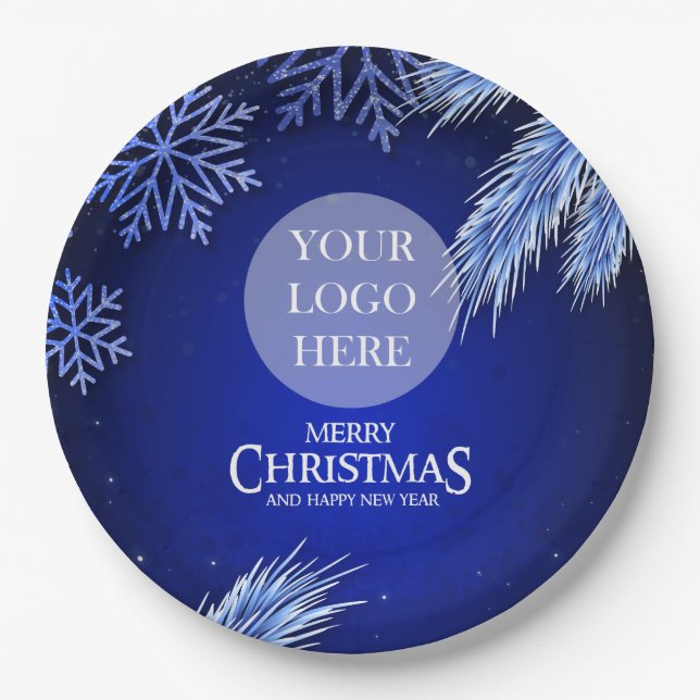 Luxury Blue Company Christmas Logo Paper Plate (Front)