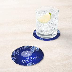 Luxury Blue Company Christmas Logo Round Paper Coaster
