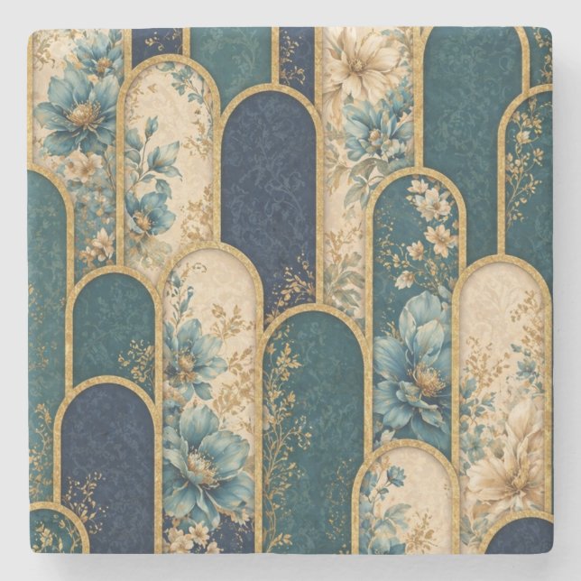 Luxury Blue Floral Arch Pattern Stone Coaster  (Front)