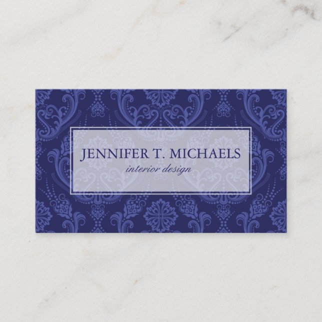 Luxury blue floral damask wallpaper business card (Front)
