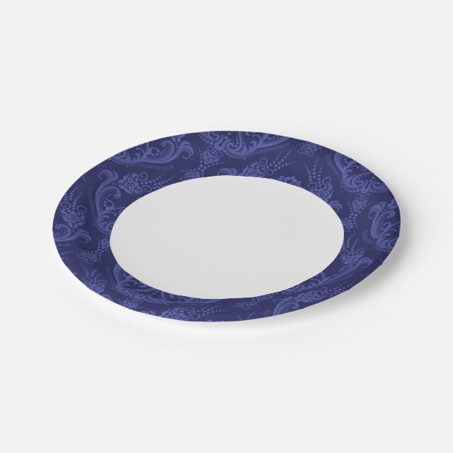 Luxury blue floral damask wallpaper paper plate (Angled)