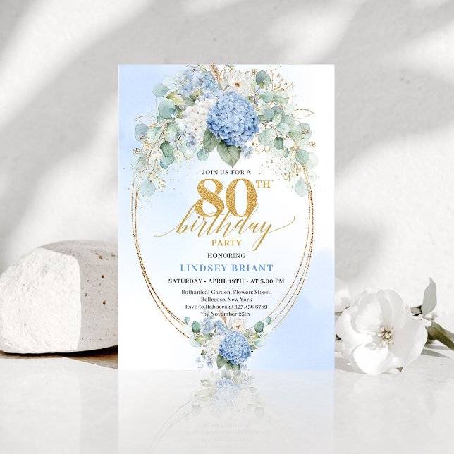 Luxury Blue Floral Eucalyptus 80th Birthday Invite (Luxury Blue Floral Eucalyptus 80th Birthday Invite)