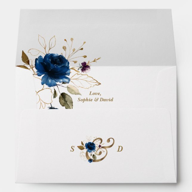 Luxury Blue Gold Floral Wedding Return Address Envelope (Back (Bottom))