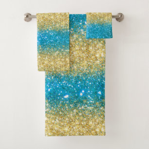 Luxury Blue Gold Glitter Bath Towel Set