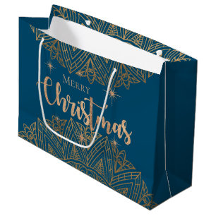 Luxury Blue Gold Mandala Elegant Merry Christmas Large Gift Bag