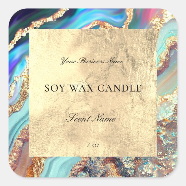 Luxury Blue Gold Marble Geode Pattern Candle Square Sticker (Front)
