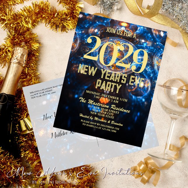 Luxury Blue Gold New Years Eve Party Invitation Postcard (Creator Uploaded)