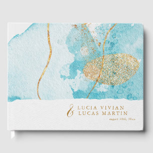 Luxury Blue Gold Watercolor Abstract Wedding Guest Book