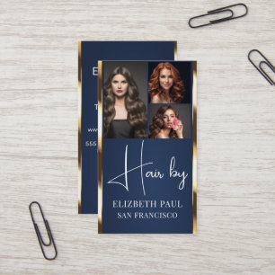 Luxury BLUE Golden Glitter Hair Stylist 3 photo Business Card