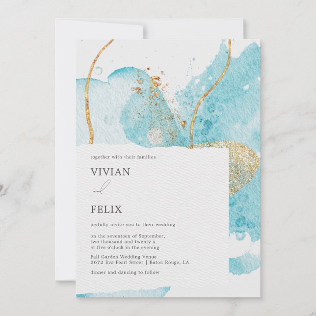 Luxury Blue & Golden Watercolor Abstract Wedding Invitation (Front)