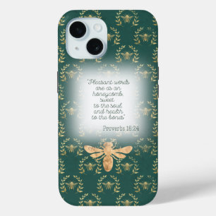 Luxury Blue Green Gold Bee Wreath Grid Christian iPhone 15 Case