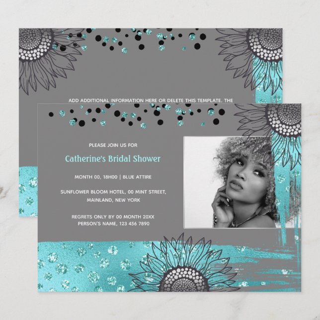 Luxury blue grey modern sunflower foil shimmer invitation (Front/Back)