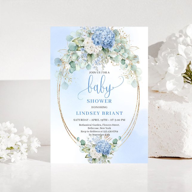 Luxury Blue Hydrangea Baby Shower Gold Invitation (Luxury Blue Hydrangea Baby Shower Gold Invitation)