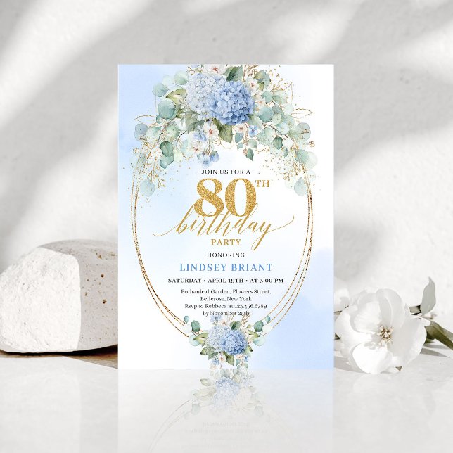 Luxury Blue Hydrangea Floral 80th Birthday Invite (Luxury Blue Hydrangea Floral 80th Birthday Invitation)