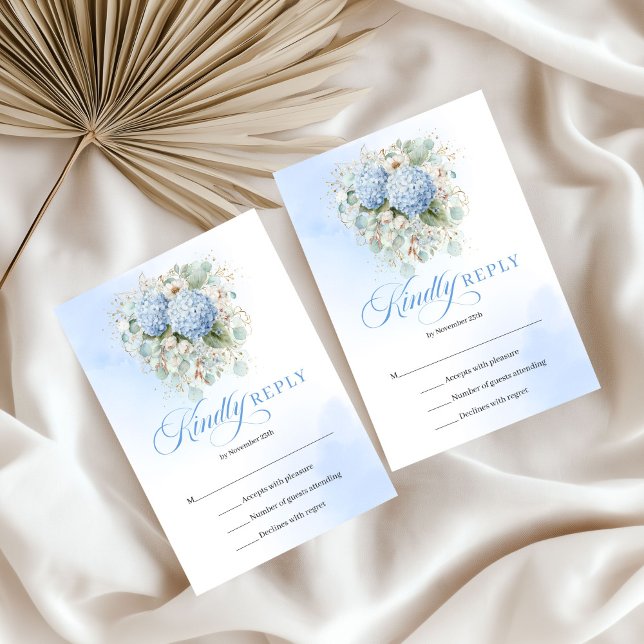 Luxury Blue Hydrangea Gold Wedding RSVP Card (Luxury Blue Hydrangea Gold Wedding RSVP Card)