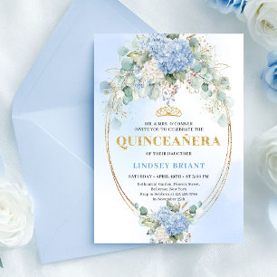 Luxury Blue Hydrangeas Gold 15th Birthday Invite