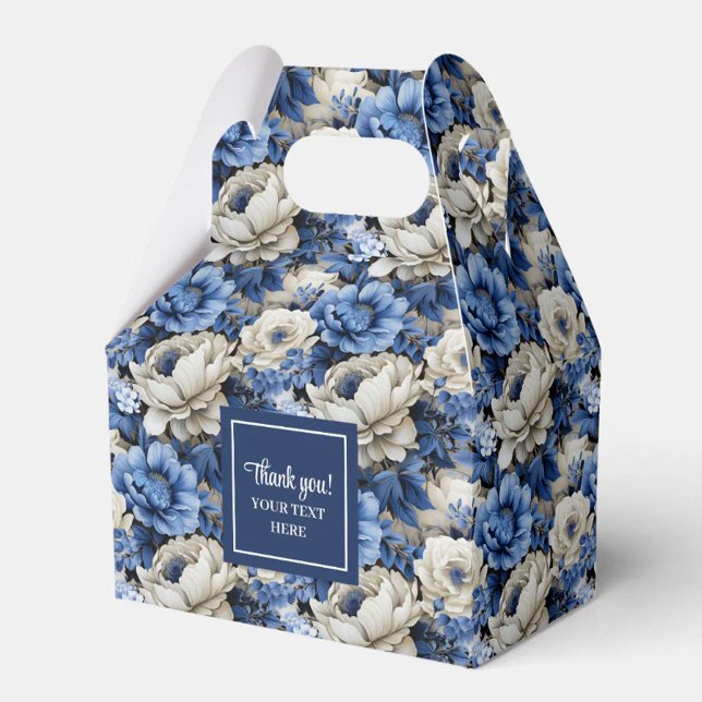Luxury Blue Ivory Flowers Personalised Favour Box (Stylish Navy Flowers Custom Name Floral Favor Box)