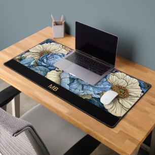 Luxury Blue Ivory Gold Peony Floral Monogram Desk Mat