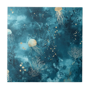 Luxury Blue Jellyfish Coral Ocean Pattern Ceramic Tile