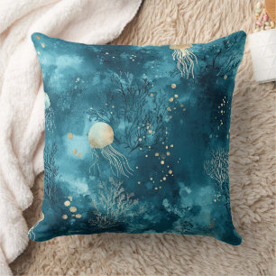 Luxury Blue Jellyfish Coral Ocean Pattern Cushion